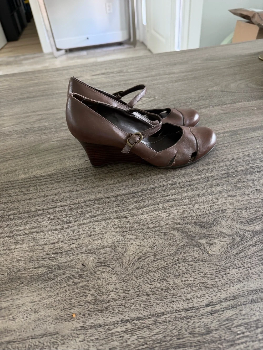 Bass Brown Leather Mary Jane Wedge Heels
